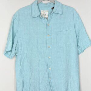 Tasso elba Island Blue Solk & Linen short sleev button down shirt size L (2011)